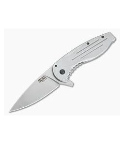 SOG Aegis FLK Stonewashed Stainless Steel Frame Lock Flipper 14-41-02-42