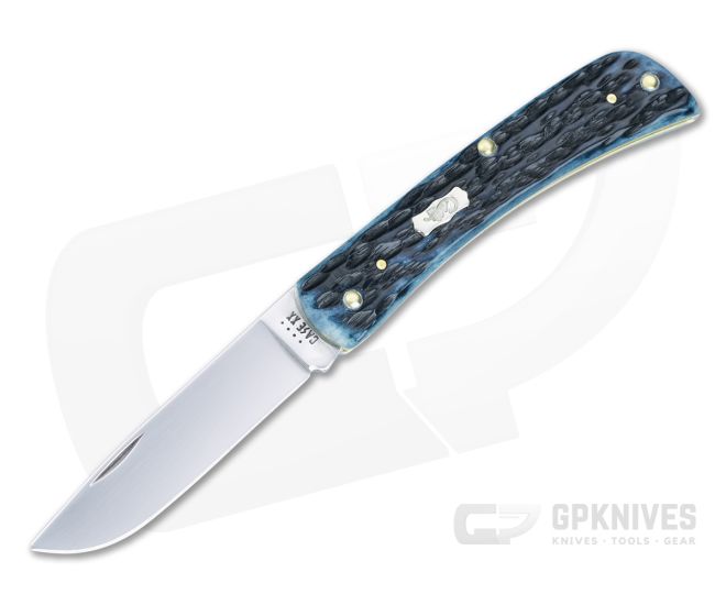 Case Sod Buster Junior with Jigged Mediterranean Blue Bone Handle and  Polished Tru Sharp Blade For Sale