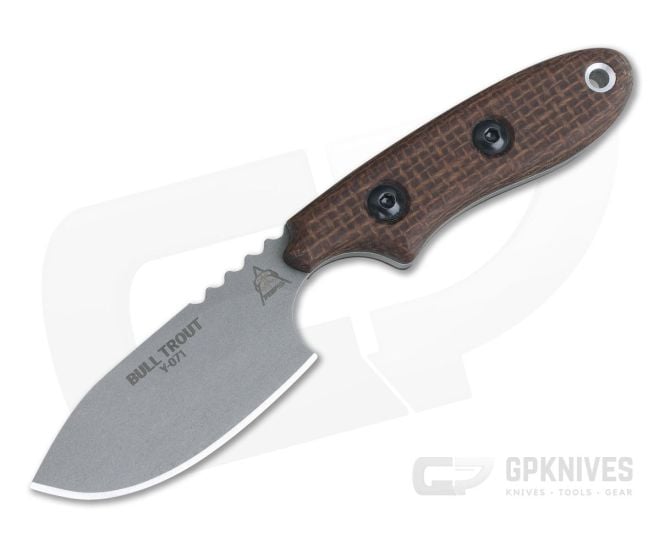 TOPS Bull Trout Brown Burlap Micarta 154CM EDC Fixed Blade Knife for sale