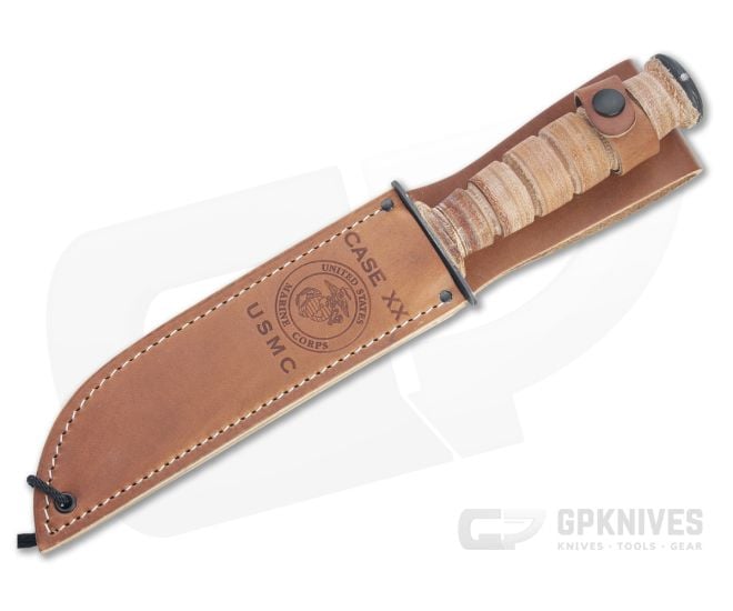 Case XX USMC Black 1095 Grooved Leather Fixed Blade Knife 00334
