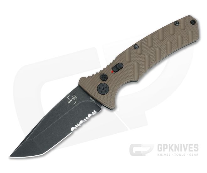 Boker Plus Strike Auto - Black Stonewash D2 Tanto Serrated - Coyote Brown