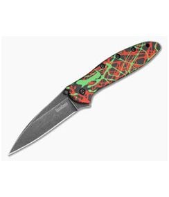 Kershaw Leek Green/Red/Black Splatter 14C28N Blackwash Spring Assisted Knife (3.00" Blade) 1660NTR - KS-1660NTR 1
