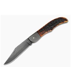 Chuck Hawes Custom Folding Hunter Amber Stag Jigged Bone W2 Hamon - CU-5297 1