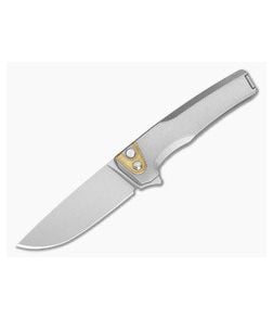 MachineWise Sonora #2163 Smooth Tumbled Titanium Brass Bolster Lightwash S90V Drop Point Button Lock Flipper (3.35") - MCW-001 1