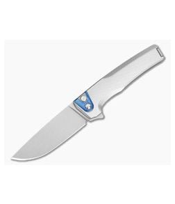 MachineWise Sonora #2144 Fine Step Textured Tumbled Titanium Blue Anodized Bolster Lightwash S90V Drop Point Button Lock Flipper (3.35") - MCW-002 1