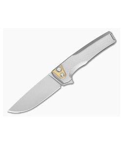 MachineWise Sonora #2160 Diamond Textured Tumbled Titanium Brass Bolster Lightwash S90V Drop Point Button Lock Flipper (3.35") - MCW-003 1