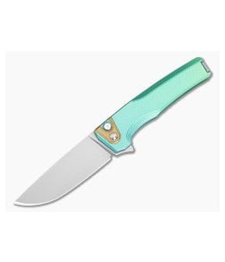 MachineWise Sonora #2123 Diamond Textured Green Anodized Titanium Brass Bolster Lightwash S90V Drop Point Button Lock Flipper (3.35") - MCW-004 1