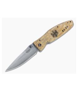 MCusta Sengoku Toyotomi Hideyoshi San Mai Damascus Yellow Pakka Wood Liner Lock Folder 0182D - MC-0182D 1