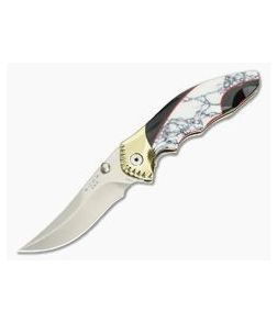 Buck 419 Kalinga Folder Legacy LTD S30V Buffalo Horn White Turquoise w/ Brass Bolsters 0419BFSLE - BU-0419BFSLE 1