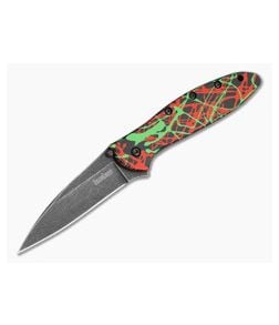 Kershaw Leek Green/Red/Black Splatter 14C28N Blackwash Spring Assisted Knife (3.00" Blade) 1660NTR - KS-1660NTR 1