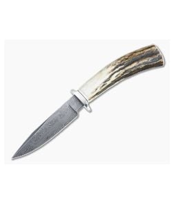 Bill Miller Custom Fixed Blade Small Fighter Stag Handle Damascus Clip Point Blade 4921 - CU-4921 1