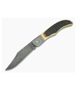 Chuck Hawes Custom Folding Hunter Stagged Jig Bone Burl Pattern Damascus - CU-5184 1