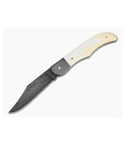Chuck Hawes Custom Folding Hunter Smooth White Bone Damascus - CU-5298 1