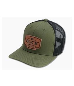Buck Knives Leather Logo Patch OD Green Mesh Back Trucker Hat 89160 - BU-89160 1