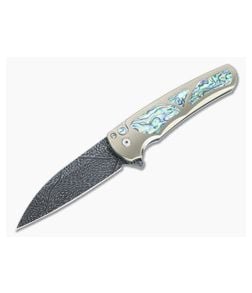 Protech Malibu Custom Wharncliffe Mosaic Damascus Abalone Inlaid Bronze 3D Titanium Flipper - PT-MALIBU-AB 1
