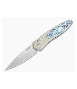 Protech Newport Custom Satin S35VN Bronze Orange Peel Abalone Inlaid Titanium Automatic NP-A-01 - PT-NP-A-01 1