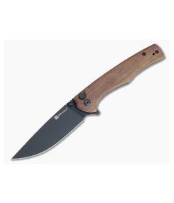 Sencut Crowley Button Lock Flipper Guibourtia Wood Handles Black Stonewash D2 Drop Point Blade S21012-5 - SC-S21012-5 1