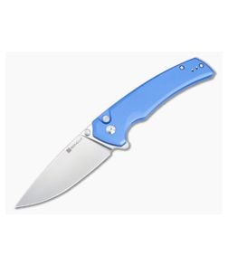 Sencut Serene Button Lock Flipper Blue Aluminum Handles Satin D2 Drop Point Blade S21022B-4 - SC-S21022B-4 1