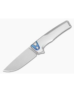 MachineWise Sonora #2144 Fine Step Textured Tumbled Titanium Blue Anodized Bolster Lightwash S90V Drop Point Button Lock Flipper (3.35") - MCW-002 1