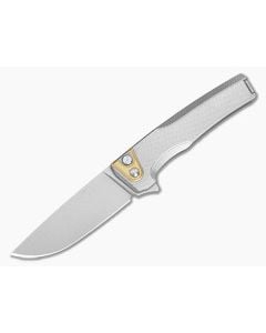 MachineWise Sonora #2160 Diamond Textured Tumbled Titanium Brass Bolster Lightwash S90V Drop Point Button Lock Flipper (3.35") - MCW-003 1