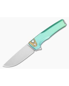 MachineWise Sonora #2123 Diamond Textured Green Anodized Titanium Brass Bolster Lightwash S90V Drop Point Button Lock Flipper (3.35") - MCW-004 1