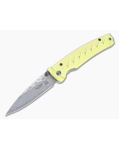 Mcusta Fusion San Mai Damascus Yellow Aluminum Liner Lock Folding Knife 0164D - MC-0164D 1