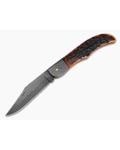 Chuck Hawes Custom Folding Hunter Amber Stag Jigged Bone W2 Hamon - CU-5297 1