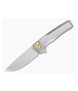 MachineWise Sonora #2163 Smooth Tumbled Titanium Brass Bolster Lightwash S90V Drop Point Button Lock Flipper (3.35") - MCW-001 1