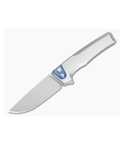 MachineWise Sonora #2144 Fine Step Textured Tumbled Titanium Blue Anodized Bolster Lightwash S90V Drop Point Button Lock Flipper (3.35") - MCW-002 1