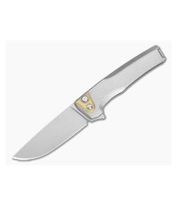 MachineWise Sonora #2160 Diamond Textured Tumbled Titanium Brass Bolster Lightwash S90V Drop Point Button Lock Flipper (3.35") - MCW-003 1