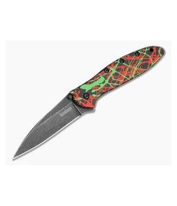 Kershaw Leek Green/Red/Black Splatter 14C28N Blackwash Spring Assisted Knife (3.00" Blade) 1660NTR - KS-1660NTR 1