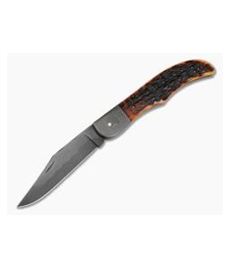 Chuck Hawes Custom Folding Hunter Amber Stag Jigged Bone W2 Hamon - CU-5297 1