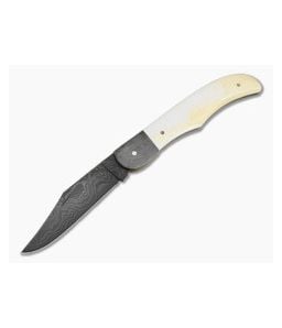 Chuck Hawes Custom Folding Hunter Smooth White Bone Damascus - CU-5298 1
