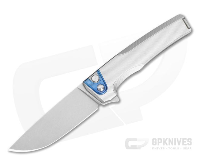 MachineWise Sonora #2144 Fine Step Textured Tumbled Titanium Blue Anodized Bolster Lightwash S90V Drop Point Button Lock Flipper (3.35") - MCW-002