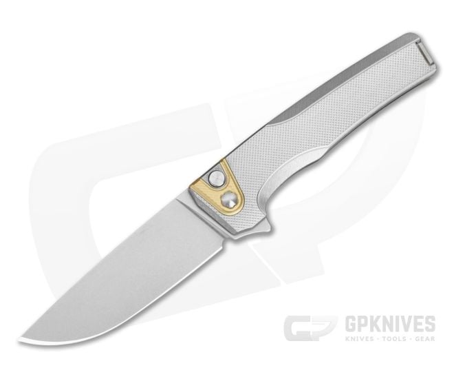 MachineWise Sonora #2160 Diamond Textured Tumbled Titanium Brass Bolster Lightwash S90V Drop Point Button Lock Flipper (3.35") - MCW-003