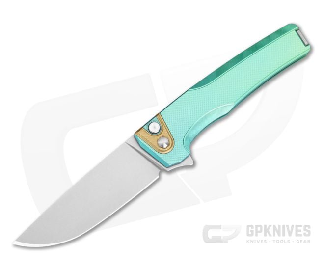 MachineWise Sonora #2123 Diamond Textured Green Anodized Titanium Brass Bolster Lightwash S90V Drop Point Button Lock Flipper (3.35") - MCW-004