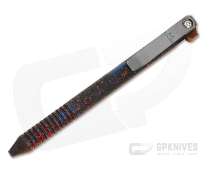 Maverick Customs Flipper Universal Pen Ringed Cerakote Aluminum Blue and Red over Black Splatter Finish Butterscotch Micarta Flipper EDC Pen - MAV-007