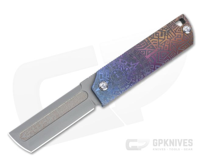 D Rocket Design MaximX Flipper M390 Aztec Engraved Anodized Titanium Folder 0081 - DRD-0081