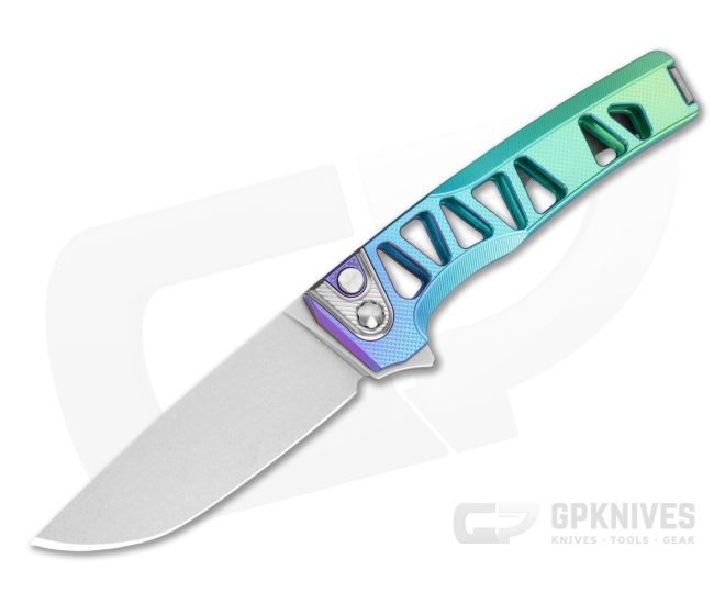 MachineWise Sonora #2277 Purple to Green Fade Anodized Diamond Textured Skeletonized Titanium S90V Lightwash Button Lock Flipper (3.35" Blade) - MCW-010