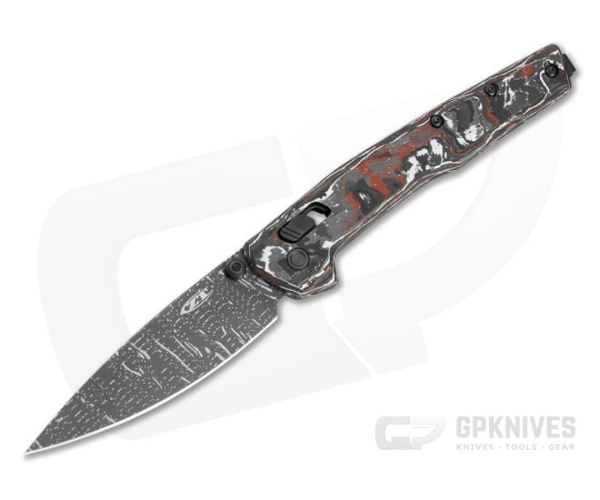 Zero Tolerance 0117VFDAM Red/White Carbon Fiber Vegas Forge Damascus Crossbar Lock Knife (3.30" Blade) - ZT-0117VFDAM