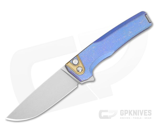 MachineWise Sonora #2208 Blurple Anodized Smooth Tumbled Titanium Brass Bolster S90V Lightwash Button Lock Flipper (3.35" Blade) - MCW-014