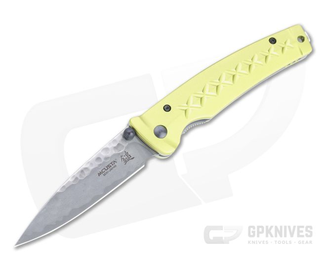 Mcusta Fusion San Mai Damascus Yellow Aluminum Liner Lock Folding Knife 0164D - MC-0164D