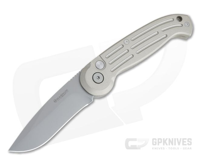 Boker Magnum SpeedMaster Blasted AUS-8 Drop Point Grey Aluminum Automatic 01BO007N - BO-01BO007N