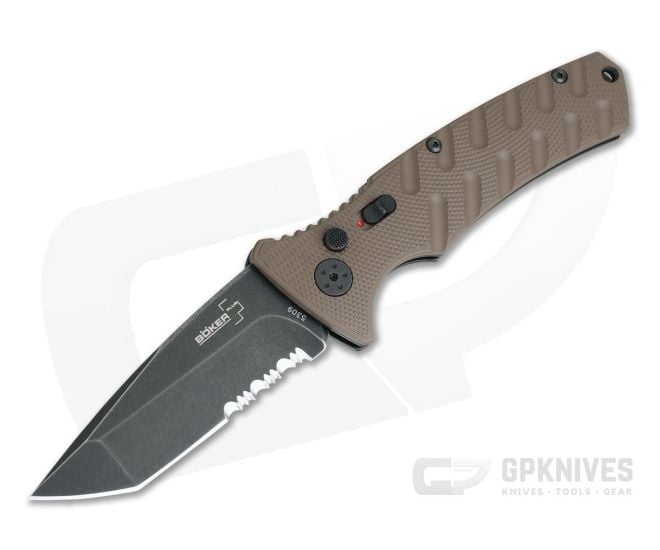 Boker Plus Strike Tanto Coyote Brown Auto Partially Serrated Black Stonewashed Blade 01BO425N - BO-01BO425N