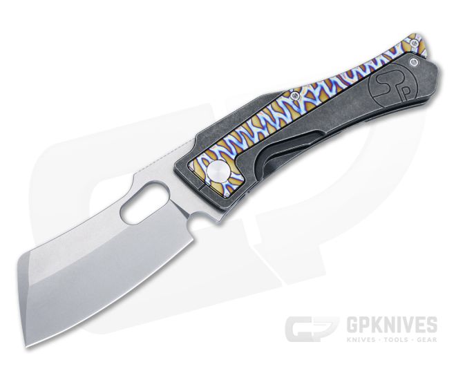 Serge Knife Co. Trisect Frame Lock Folder Flamed Titanium Inlays Stonewashed M390 Cleaver Blade 023 - SKC-023