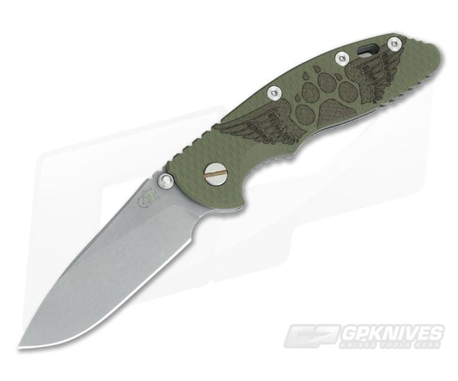 Hinderer Knives XM-18 3.5" NoN Flipper Winged Dog Paw #21 Working Finish OD Green G10 - HK-0558