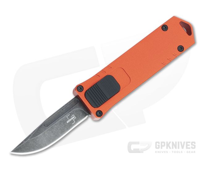 Boker Plus USB Burnt Orange Handle Black Stonewashed D2 Blade Small OTF Automatic 06EX275 - BO-06EX275