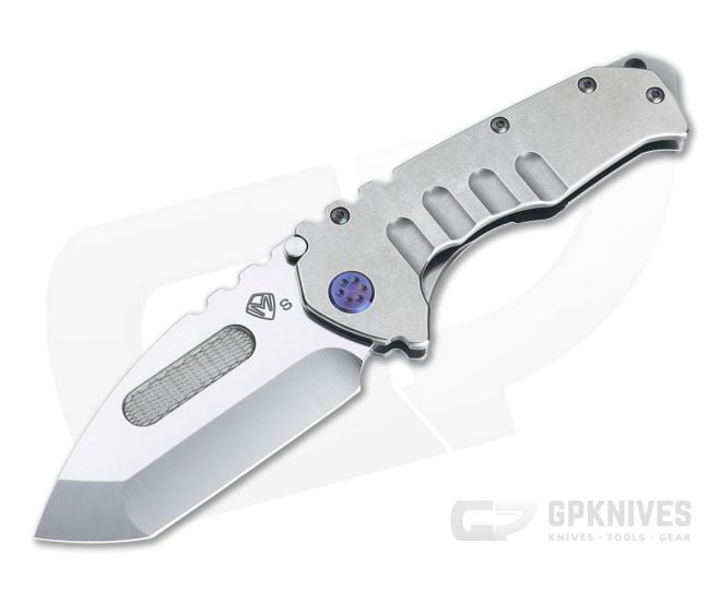 Medford Praetorian T Tanto S35VN Polished Tumbled Titanium Blue Accents Frame Lock Folder - MKT-072