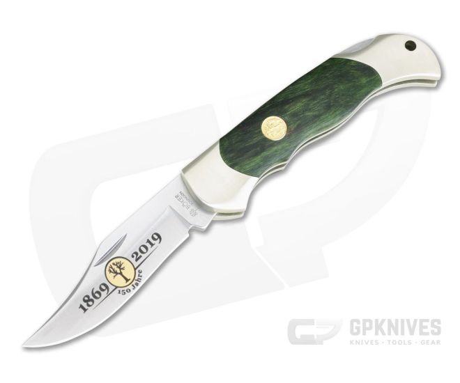 Boker Solingen Boy Scout Knife 150th Anniversary Green Curly Birch N690 Folder 116118 - BO-116118