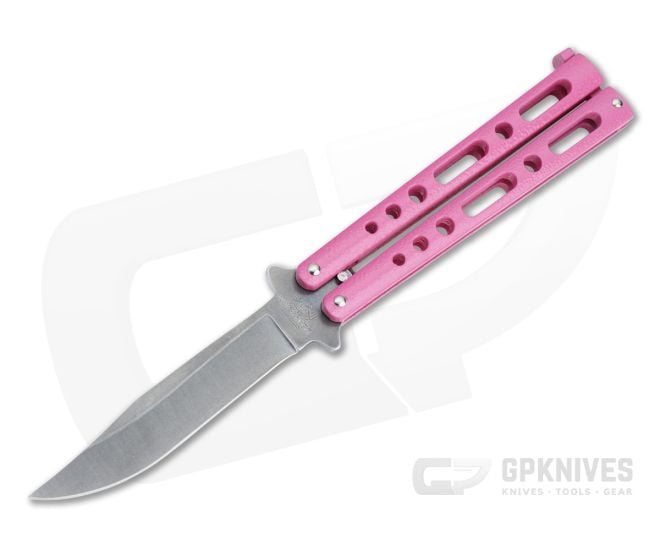 Bear and Son Cutlery Stonewashed Clip Point Pink Butterfly Knife 117PKSW - BS-117PKSW